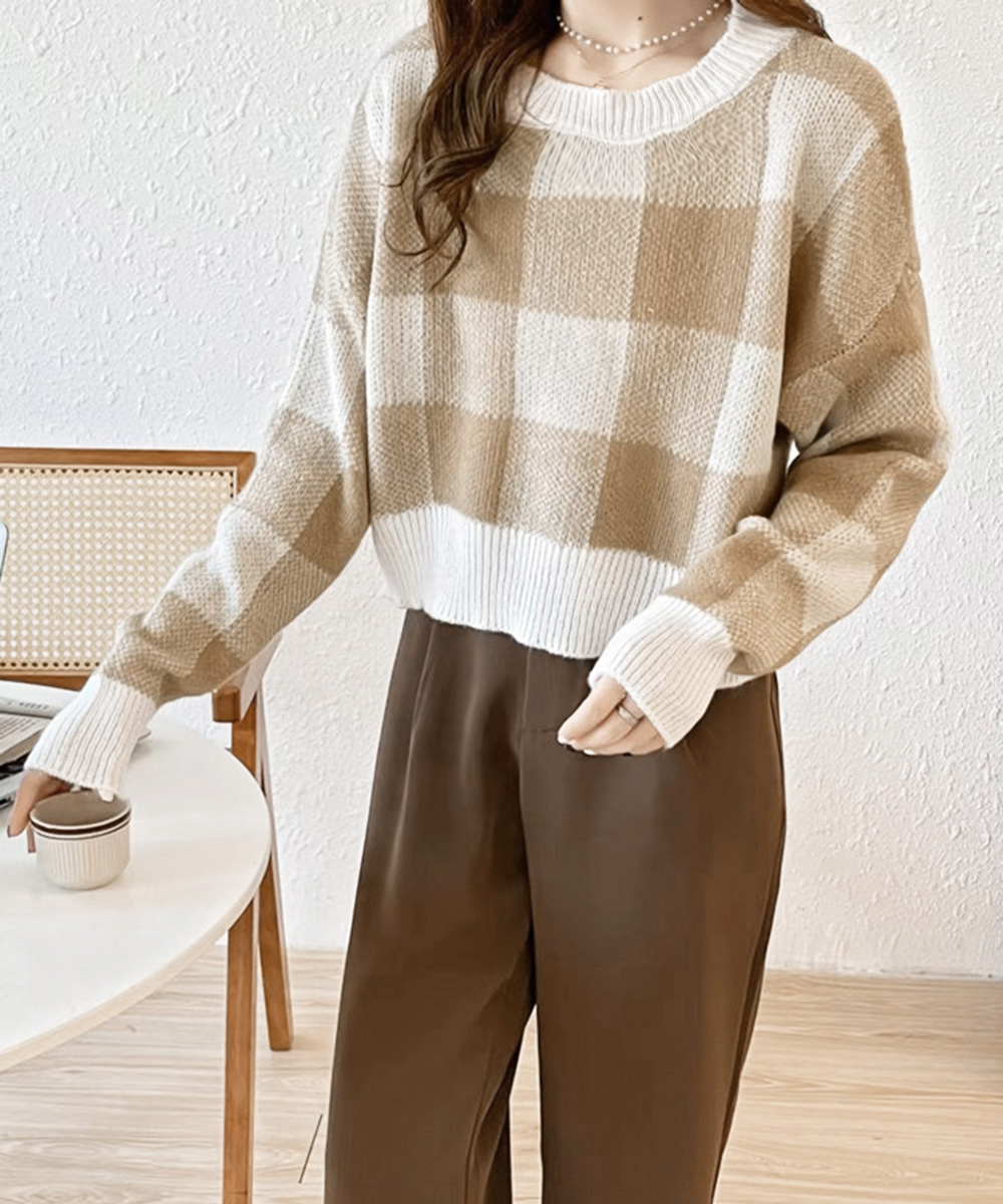 ブルベ服　ブロックチェック柄ショート丈ニット（ブルベ夏向け・ブルベ冬向け）