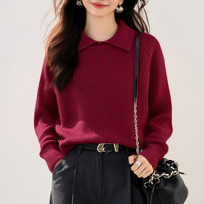 ブルベ夏/ブルベ冬服　襟付きリブ編みゆったりニットプルオーバー