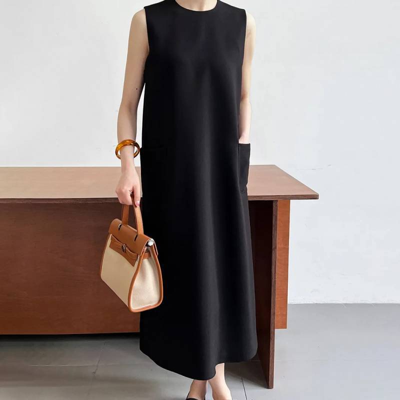 ブルベ夏/ブルベ冬服　ミニマルノースリーブポケット付きロングワンピース