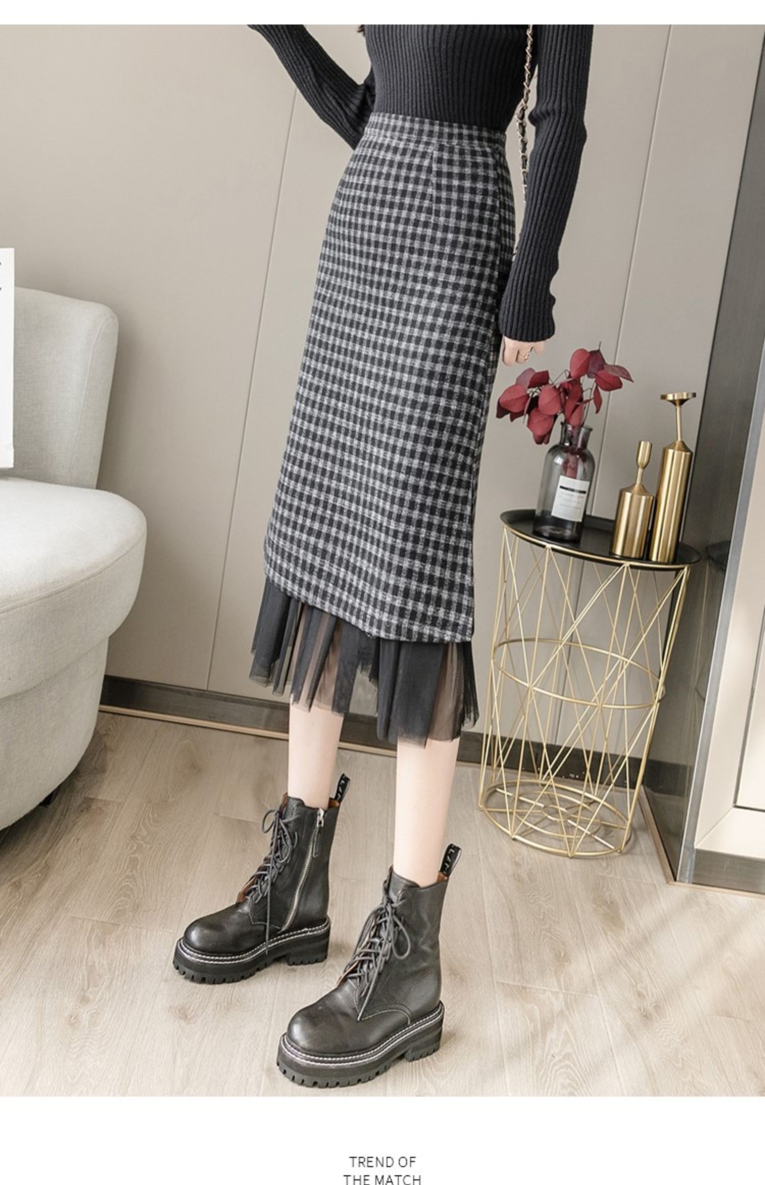 ブルベ夏/ブルベ冬服　チェック柄重ね着風チュール裾ミディ丈スカート