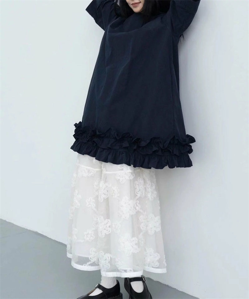 ブルベ服　韓国風 裾フリル 五分袖 Aラインワンピース（ブルベ冬向け）