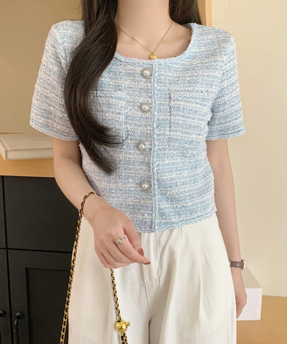 ブルベ服　ツイード風ジャケット半袖ノーカラーアウター（ブルベ夏向け・ブルベ冬向け）
