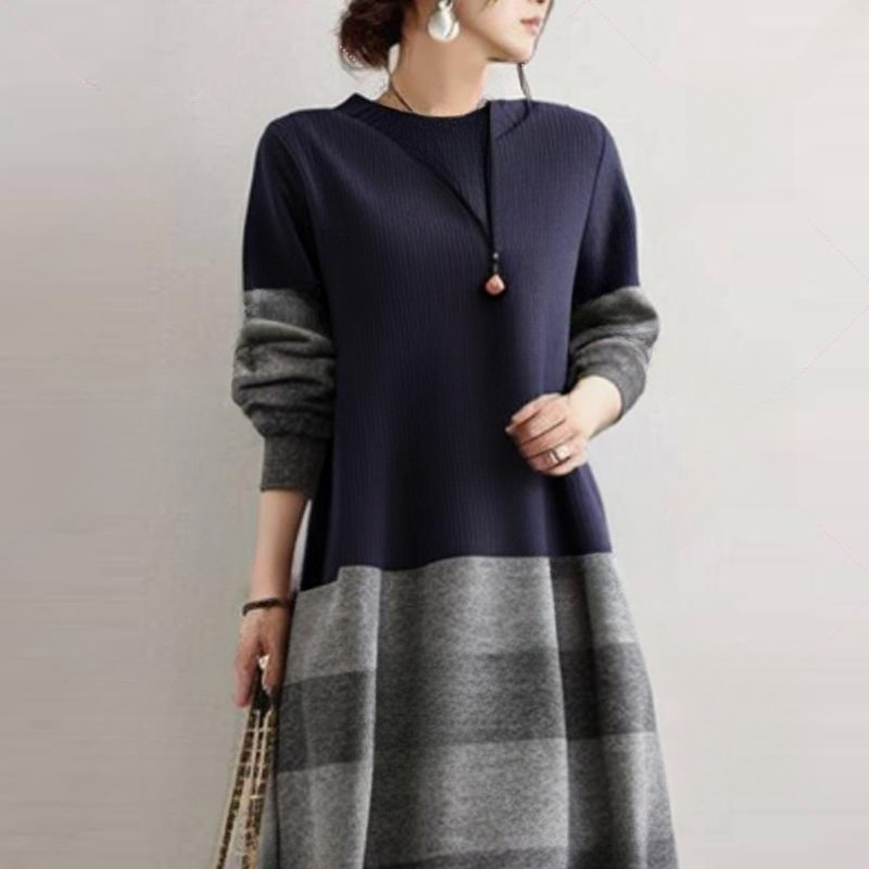 ブルベ夏/ブルベ冬服　上品なバイカラーニット切り替え長袖マキシワンピース