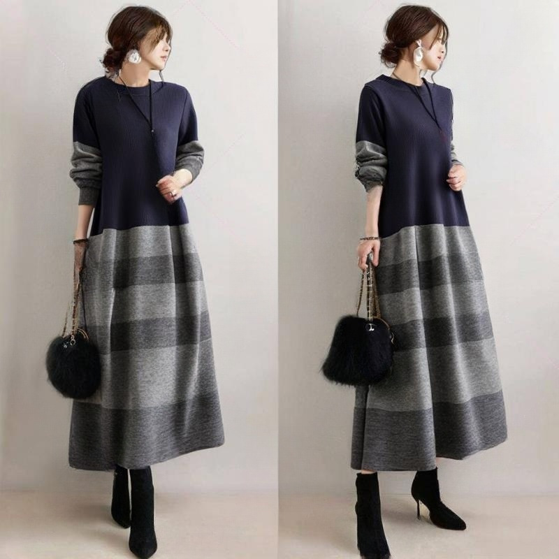 ブルベ夏/ブルベ冬服　上品なバイカラーニット切り替え長袖マキシワンピース