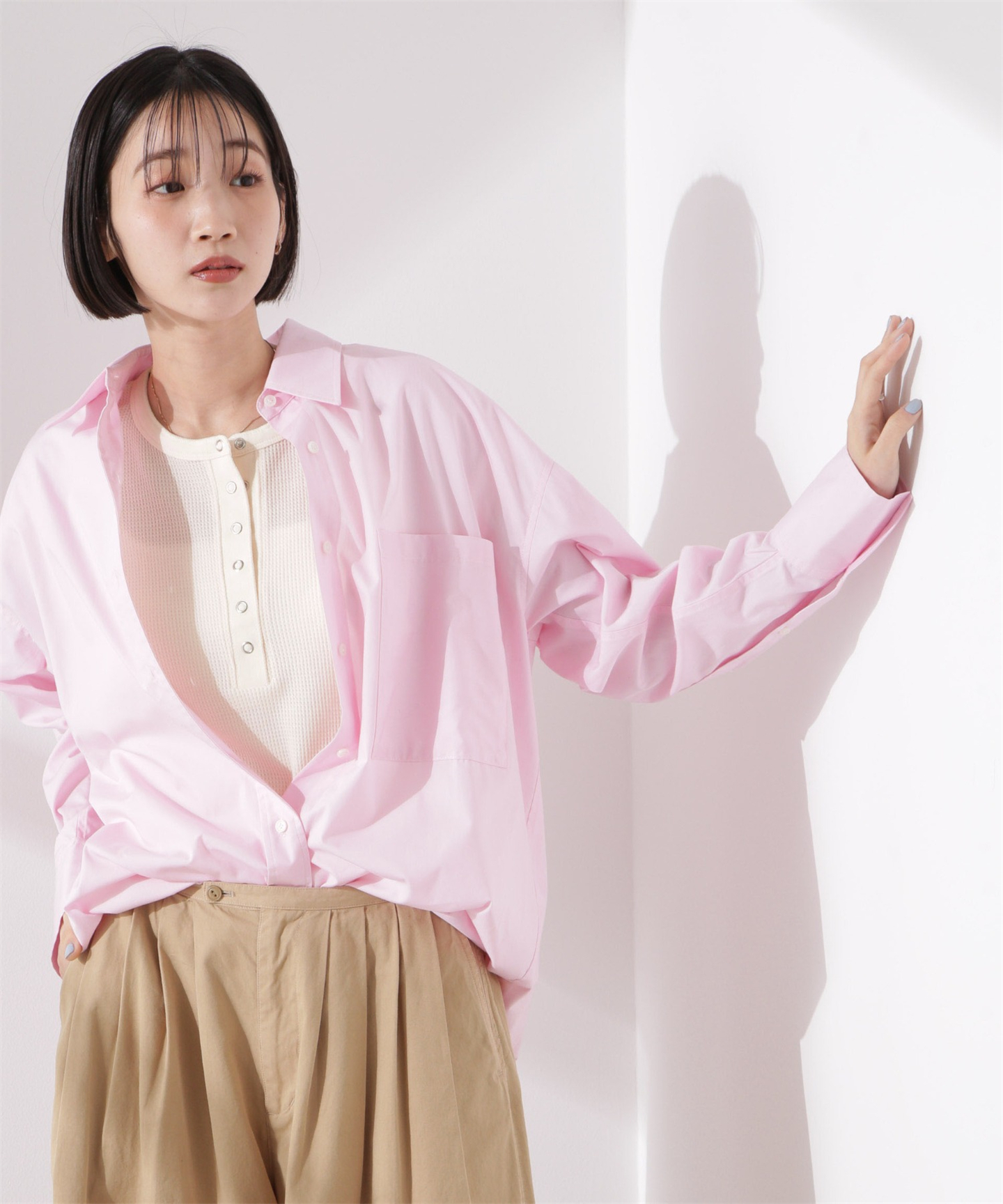 Tシャツ　涼やかワッフル編みヘンリーネックＴシャツ（ブルベ夏向け・ブルベ冬向け）