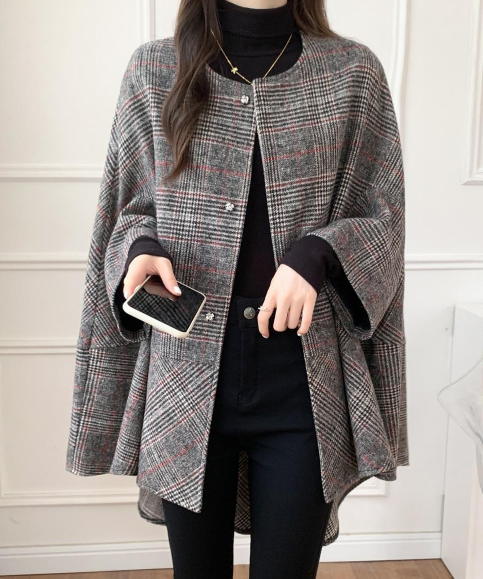 ブルベ夏/ブルベ冬服　千鳥格子柄ノーカラーオーバーサイズコート