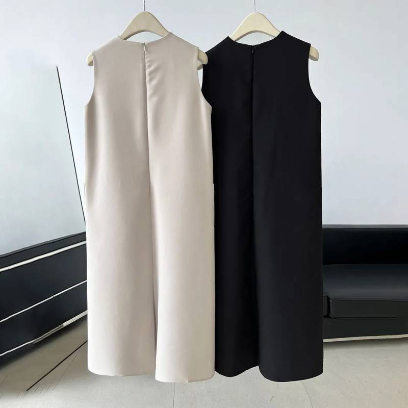 ブルベ夏/ブルベ冬服　ミニマルノースリーブポケット付きロングワンピース