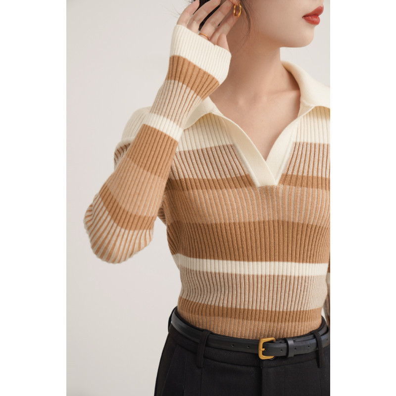 ブルベ夏服　襟付きマルチボーダーリブニット長袖トップス
