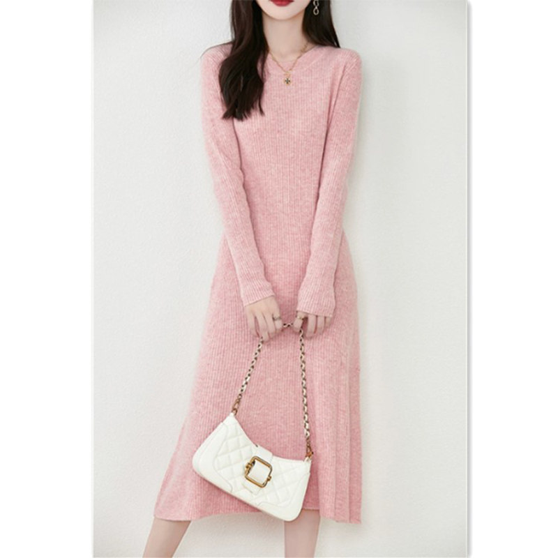 ブルベ夏/ブルベ冬服　リブ編み長袖ニットワンピース膝丈裾フレア