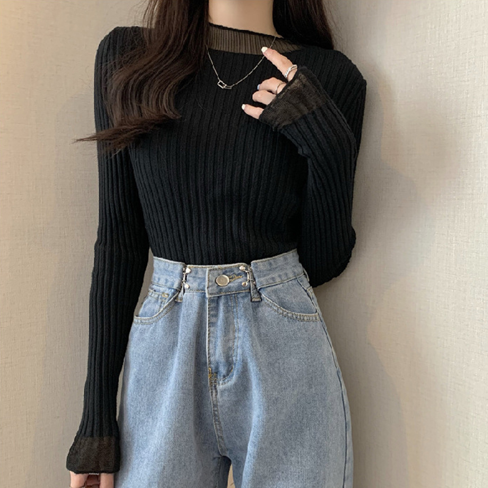 ブルベ服　袖レース付きリブニット長袖セーター女性用カーディガン（ブルベ夏向け・ブルベ冬向け）
