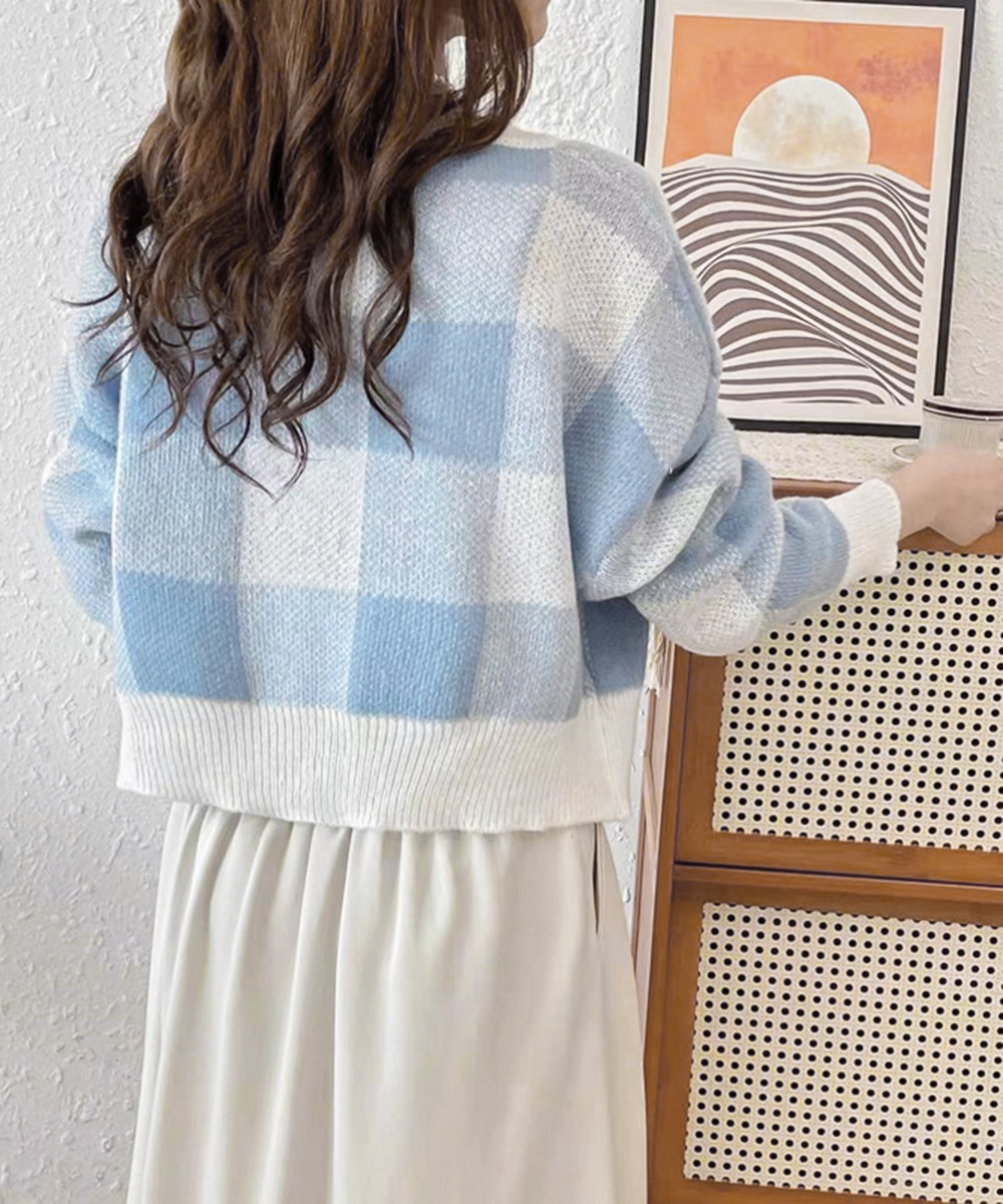 ブルベ服　ブロックチェック柄ショート丈ニット（ブルベ夏向け・ブルベ冬向け）