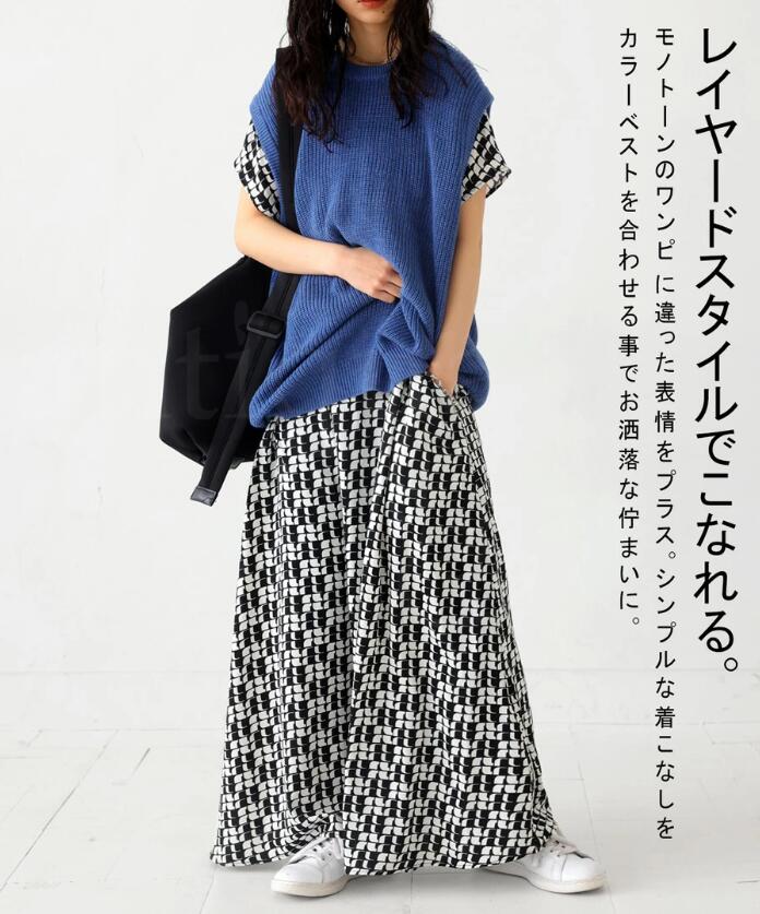 ワンピース　 幾何学模様ゆったりロング丈ワンピース（ブルベ冬向け）
