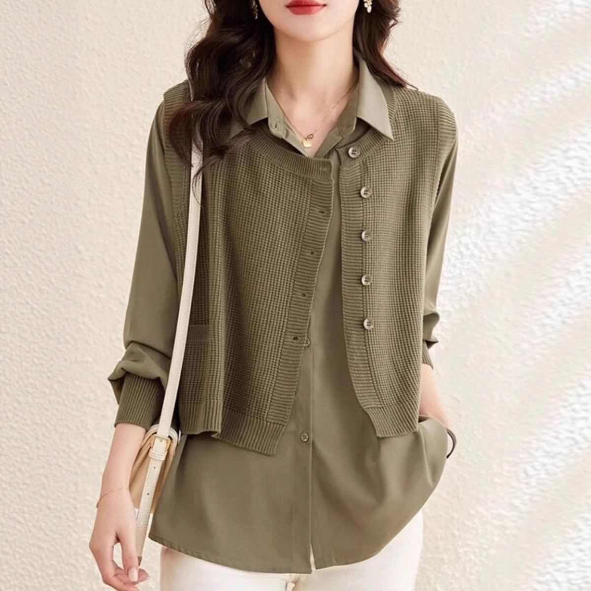 ブルベ夏/ブルベ冬服　襟付きニット切り替えドッキングシャツ