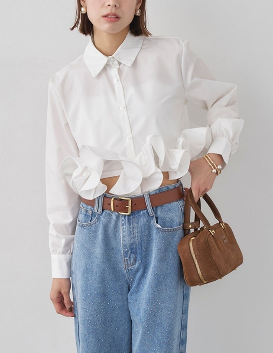 ブルベ夏/ブルベ冬服　上品フリル袖シャツブラウス長袖おしゃれトップス