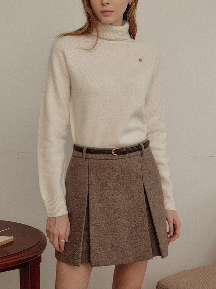 ブルベファッション プリーツ切替ウールミックス台形ミニスカート