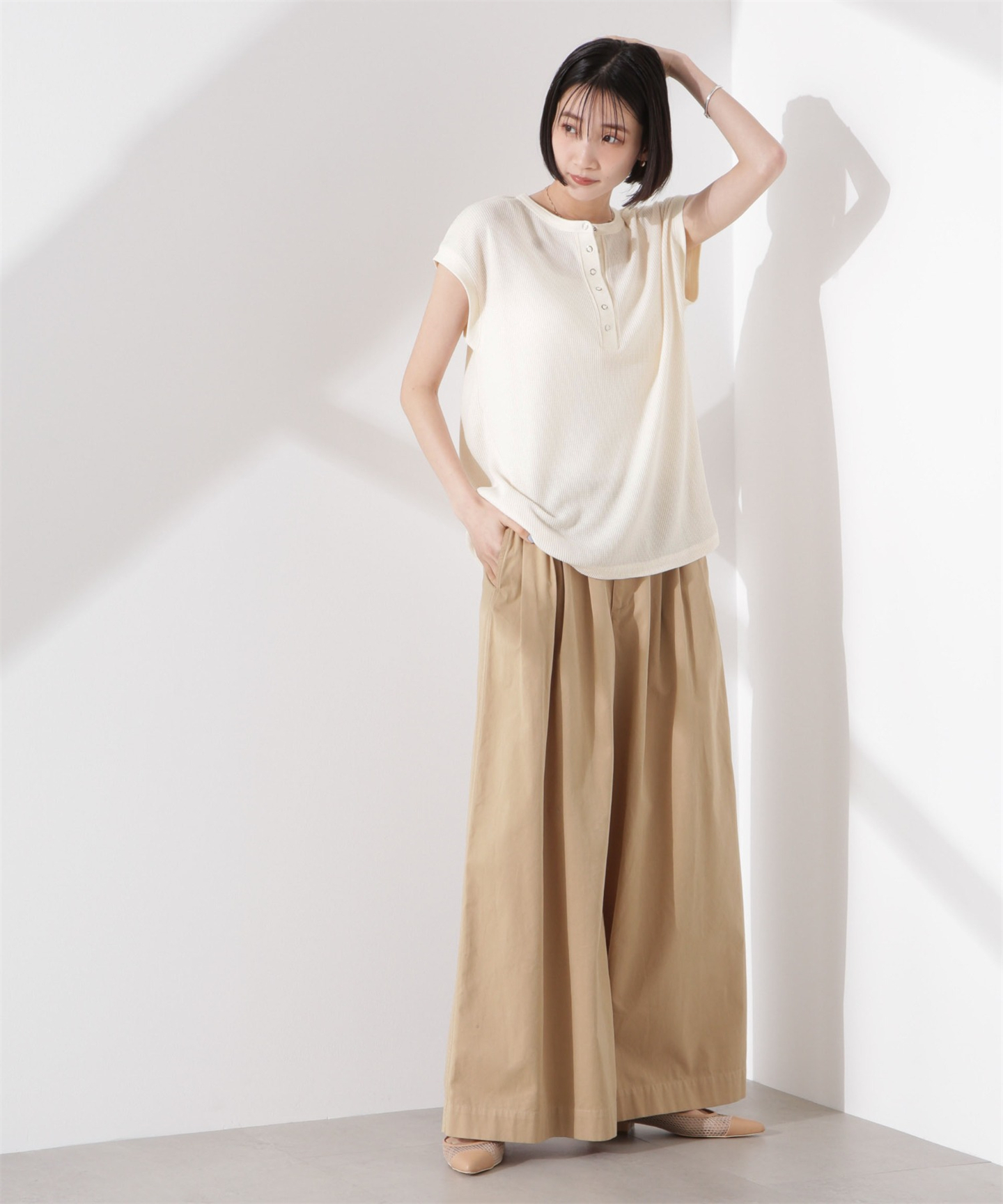 Tシャツ　涼やかワッフル編みヘンリーネックＴシャツ（ブルベ夏向け・ブルベ冬向け）