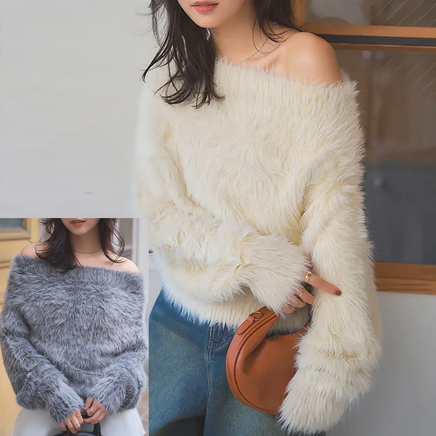 ブルベ服　ファーニット オフショルダー フワフワ上品トップス（ブルベ夏向け・ブルベ冬向け）