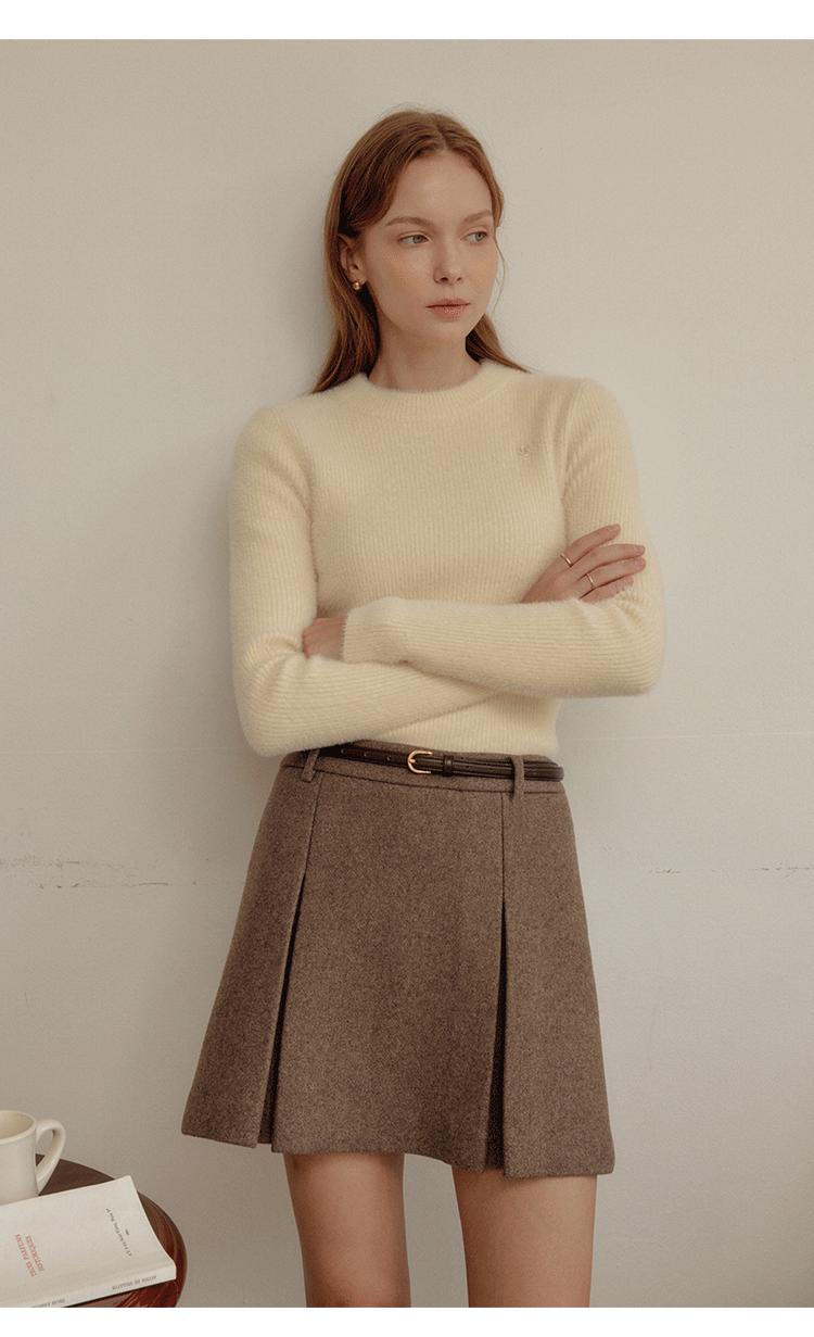 ブルベファッション プリーツ切替ウールミックス台形ミニスカート