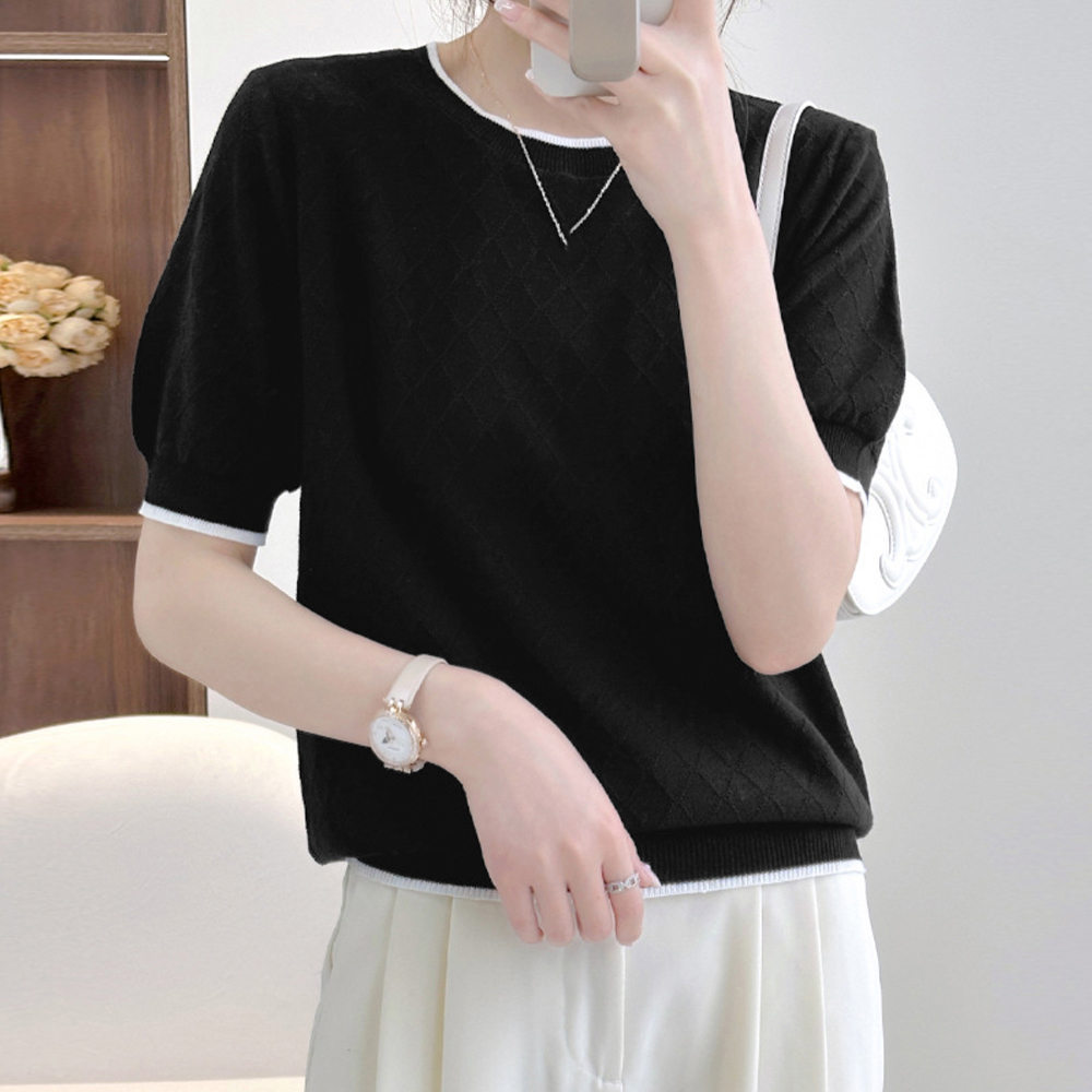 ブルベ服　バイカラーパイピング ひし形柄 サマーニット 半袖（ブルベ夏向け・ブルベ冬向け）