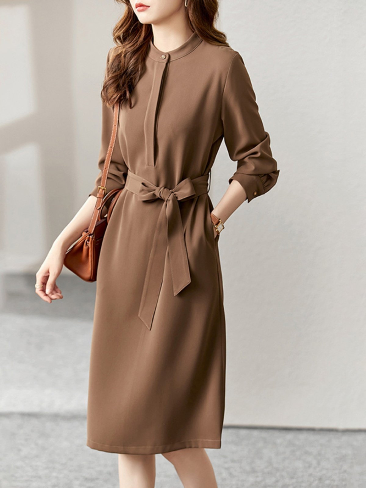 ブルベ夏服 バンドカラー共布リボンベルト付き長袖膝丈ワンピース