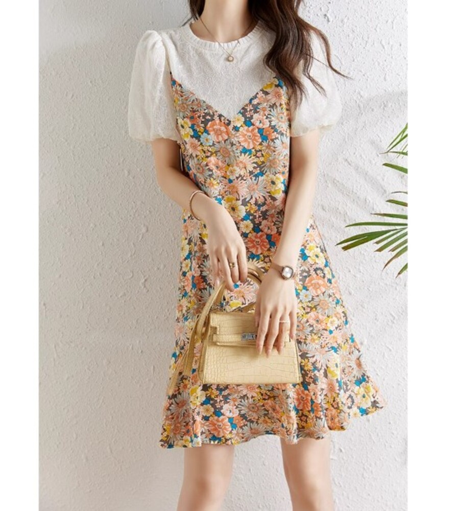 ブルベ冬服 花柄 重ね着風ショートワンピース