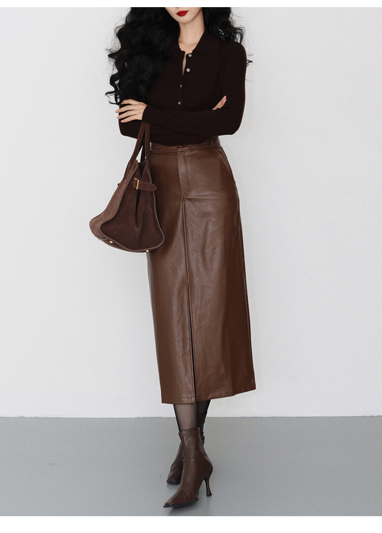 ブルベ冬服　ハイウエスト合成皮革ロングタイトスカート