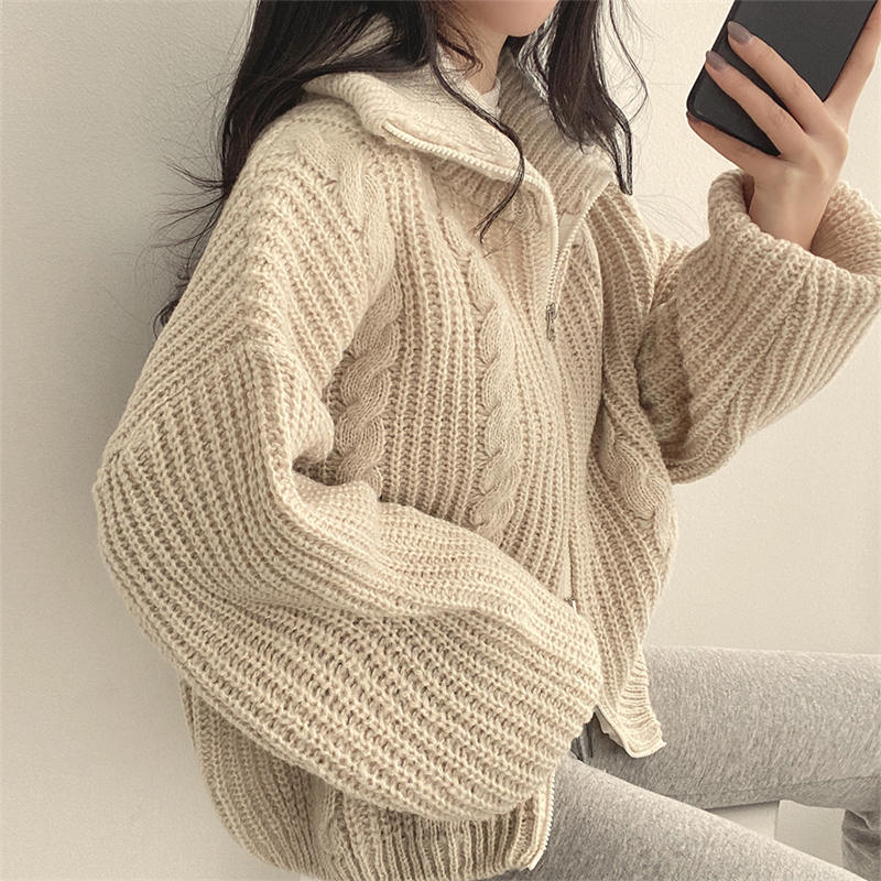 ブルベ服　ケーブル編みジップアップサマーニット（ブルベ夏向け・ブルベ冬向け）