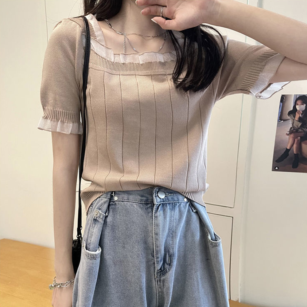 ニット　レース付き スクエアネック 夏用ニット（ブルベ夏向け・ブルベ冬向け）