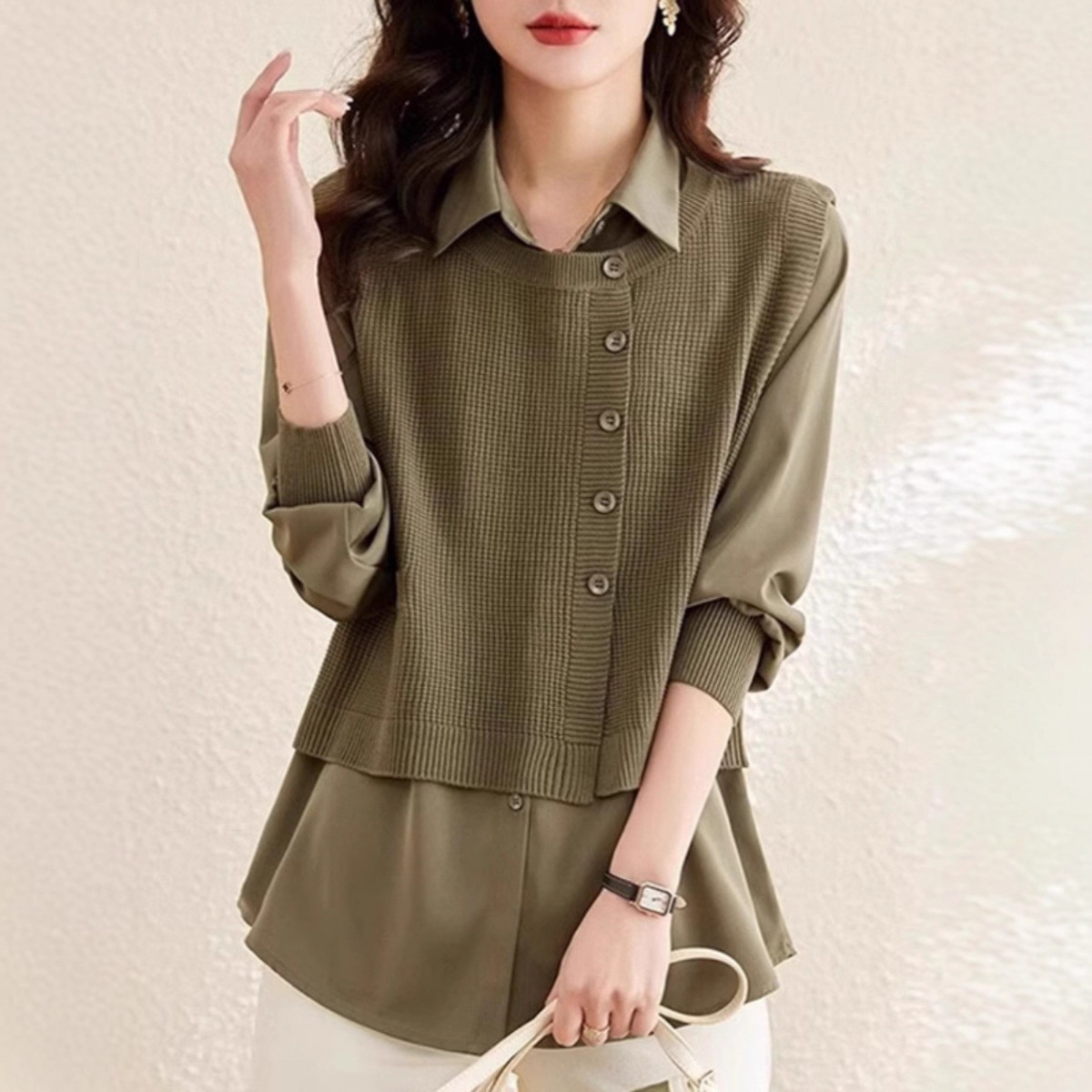 ブルベ夏/ブルベ冬服　襟付きニット切り替えドッキングシャツ