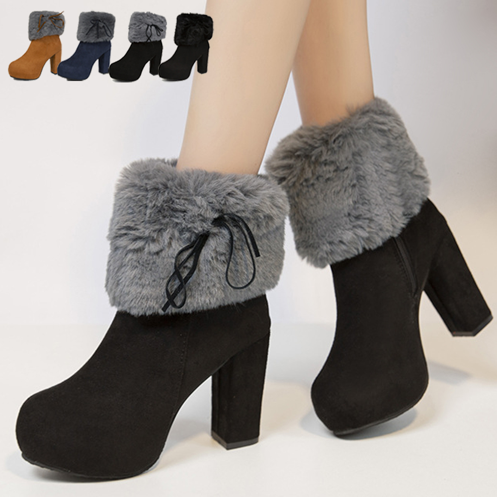 ブルベ夏/ブルベ冬靴　ファー付き太ヒールショートブーツ シューズ 秋冬