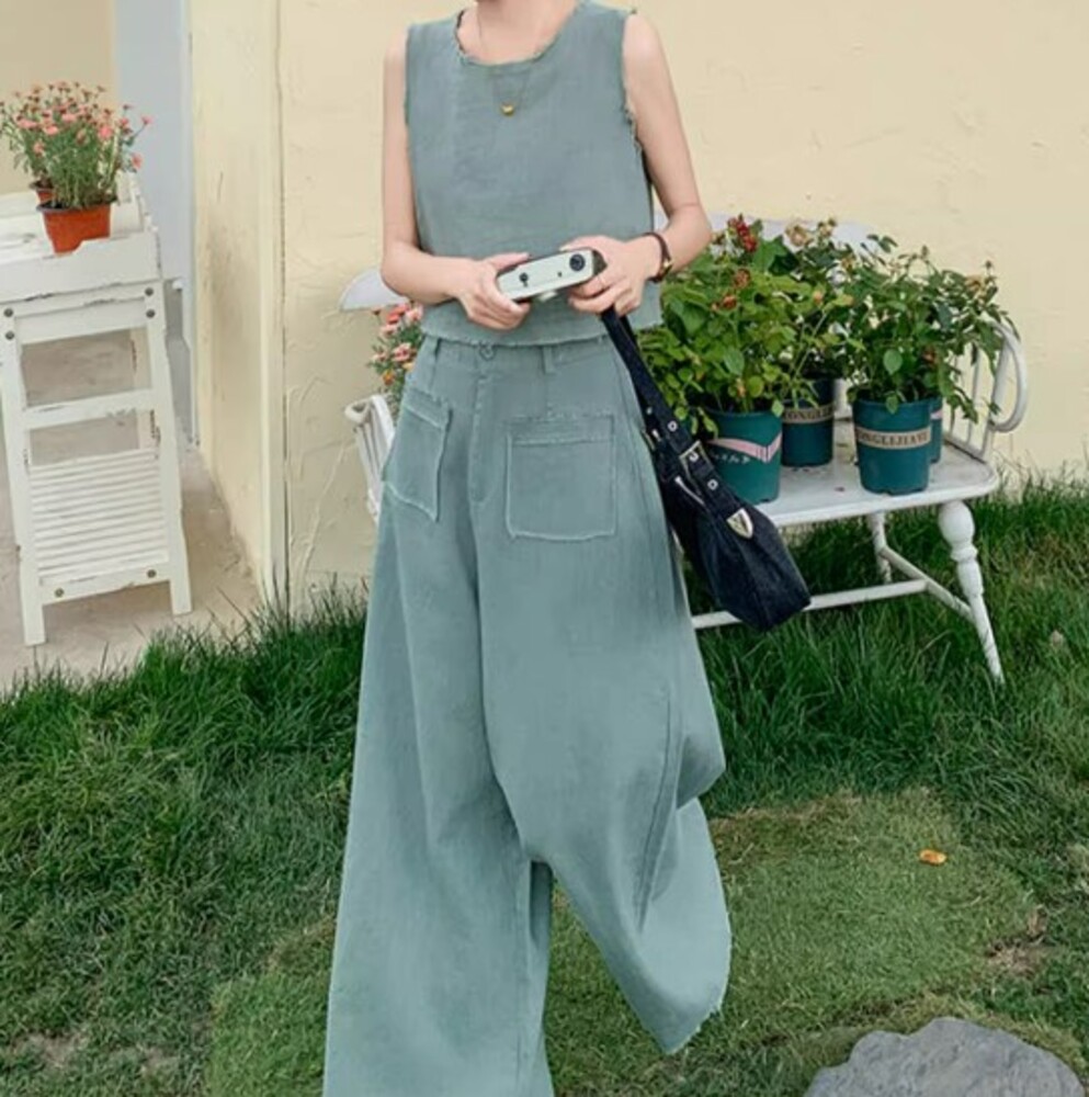 ブルベ夏服 ノースリーブデニム セットアップ パンツセットアップ