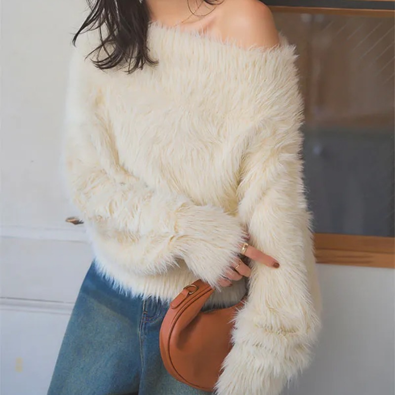 ブルベ服　ファーニット オフショルダー フワフワ上品トップス（ブルベ夏向け・ブルベ冬向け）