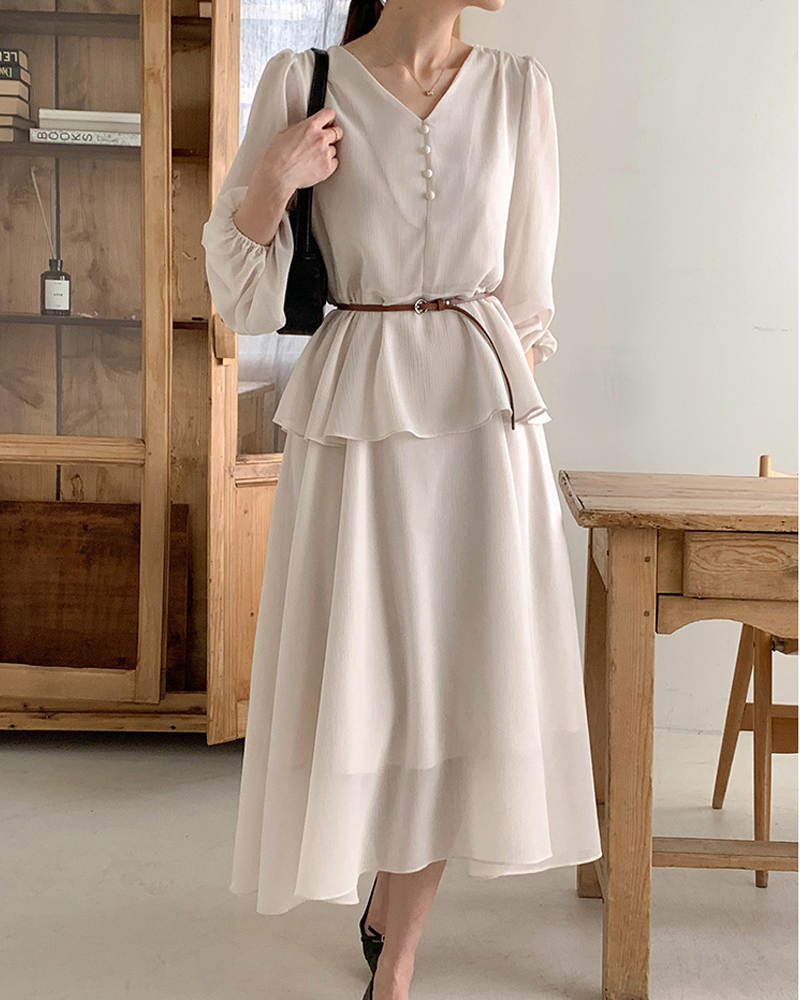 ブルベ夏/ブルベ冬服　上品な気質 ブイネック ベルト付きワンピース