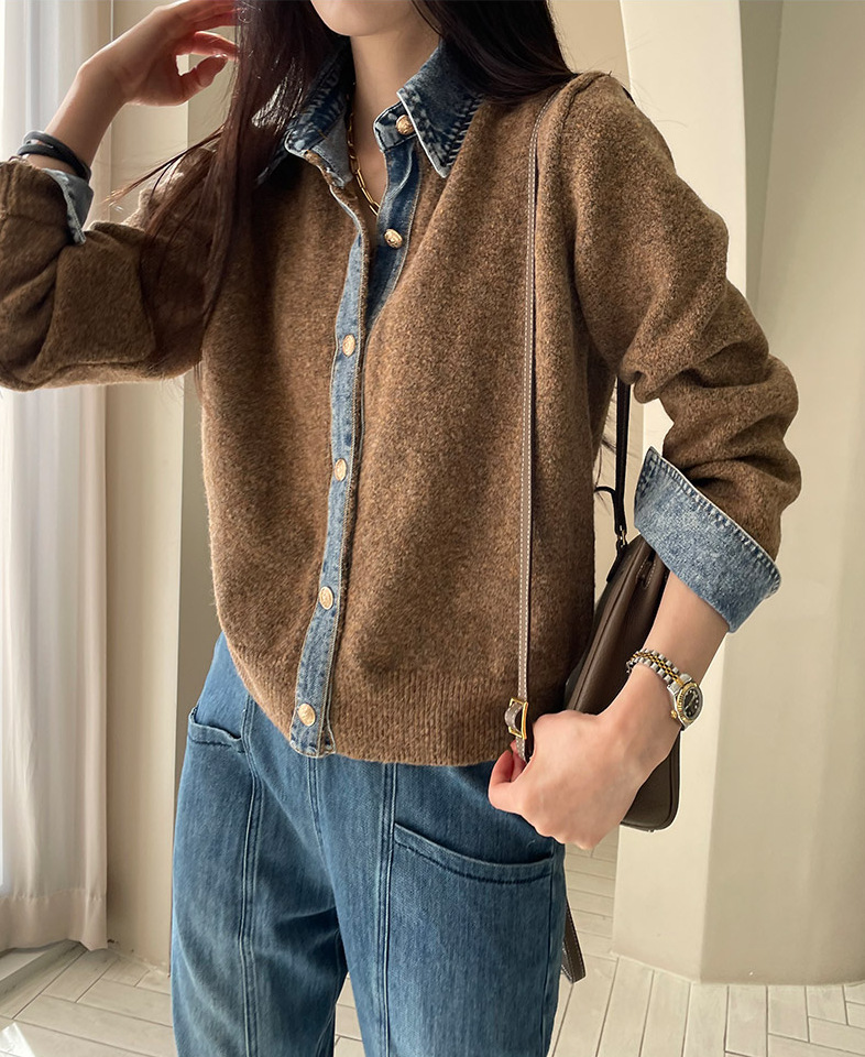 ブルベ夏/ブルベ冬服　配色デニム襟ニットカーディガンシャツ