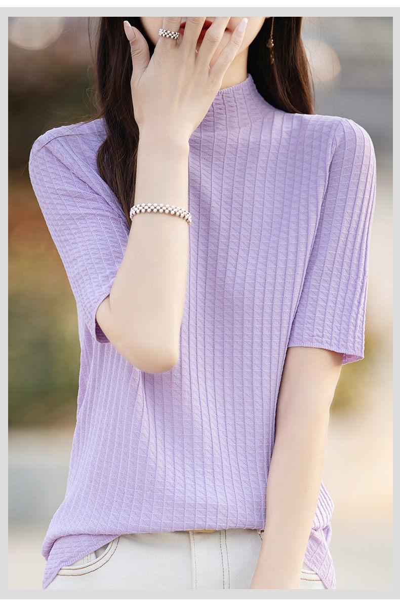 ブルベ夏/ブルベ冬服　 縦リブ編みモックネック半袖ニットトップス