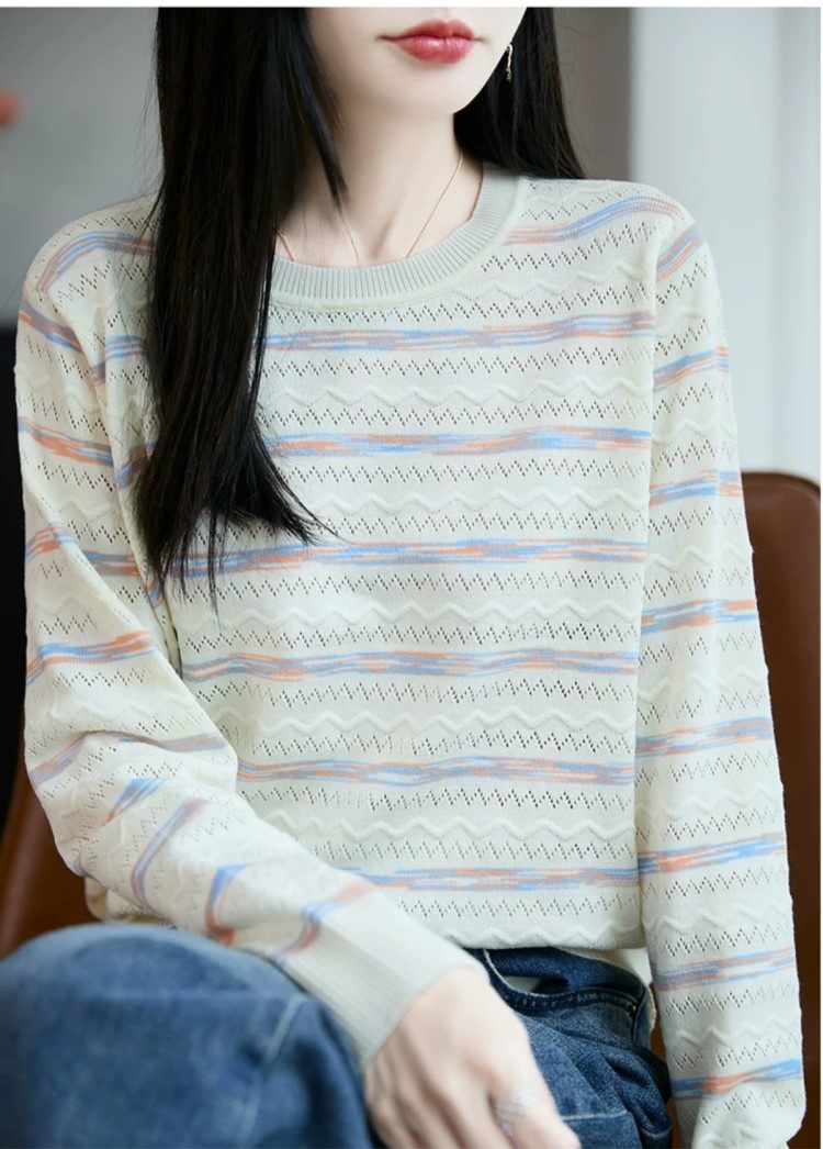 ブルベ夏/ブルベ冬服　編みマルチボーダー柄丸首長袖ニット