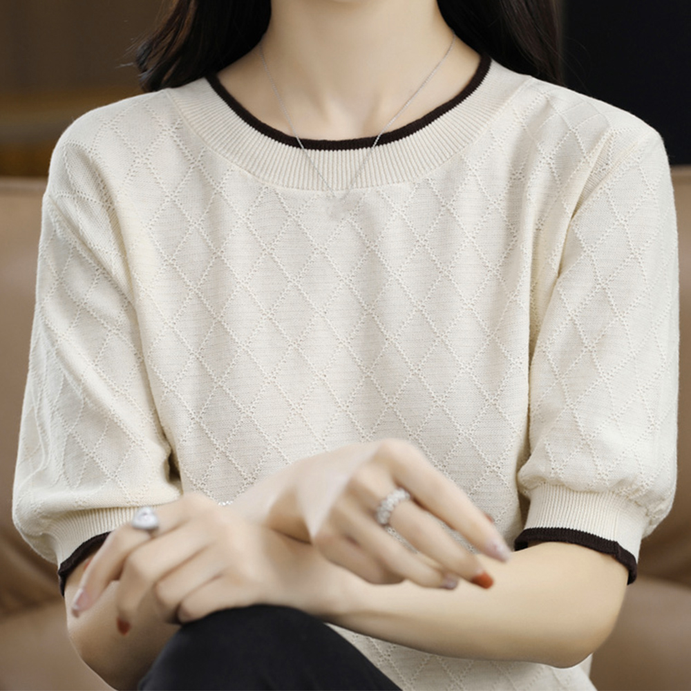 ブルベ服　バイカラーパイピング ひし形柄 サマーニット 半袖（ブルベ夏向け・ブルベ冬向け）