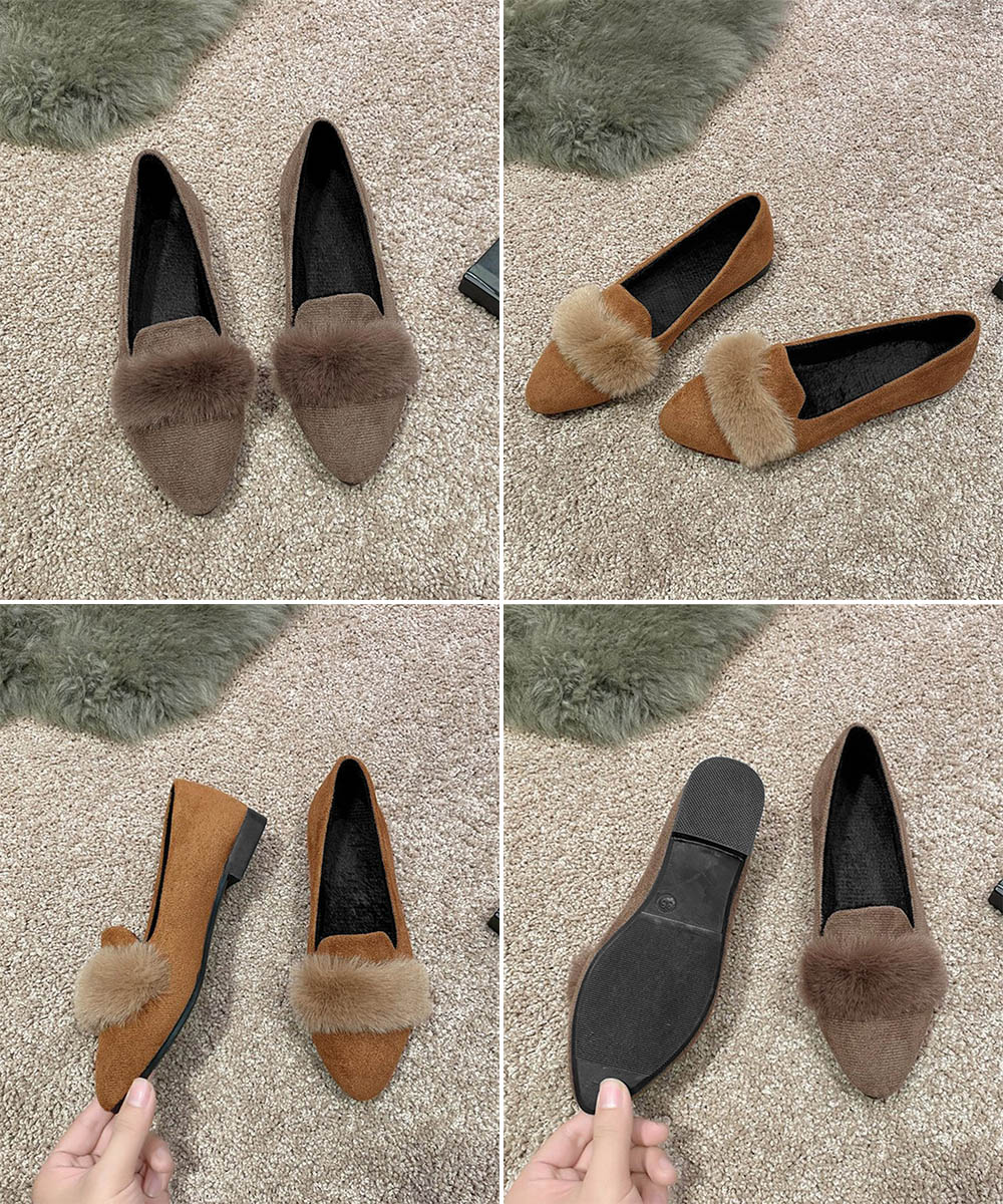 ブルベ夏/ブルベ冬靴　ふわふわファー付きぺたんこシューズ尖りパンプス