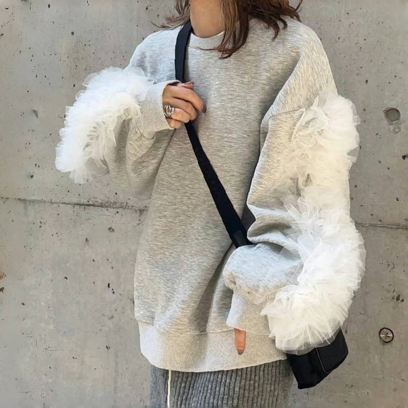 ブルベ服　韓国風チュール袖飾りスウェット上品レディース（ブルベ夏向け・ブルベ冬向け）