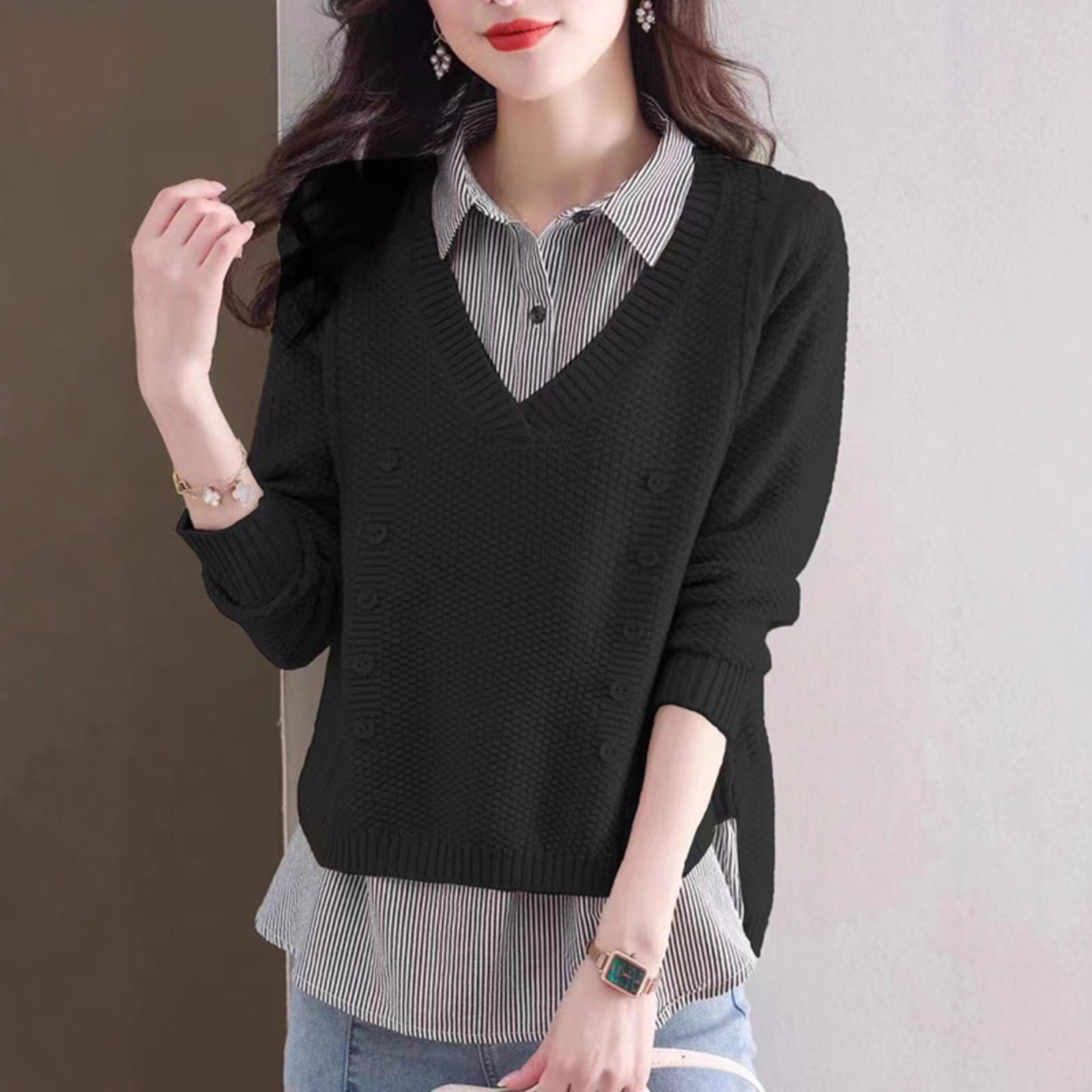 ブルベ夏/ブルベ冬服　襟付きシャツ重ね着風ニット