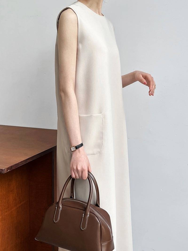 ブルベ夏/ブルベ冬服　ミニマルノースリーブポケット付きロングワンピース