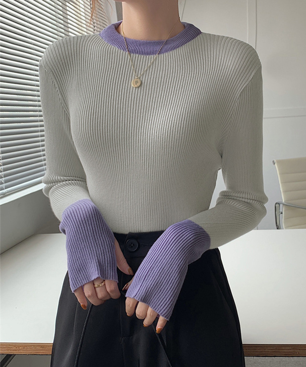 ブルベ服　配色ニット・カーディガン 指穴付きリブニットプルオーバー（ブルベ夏向け・ブルベ冬向け）