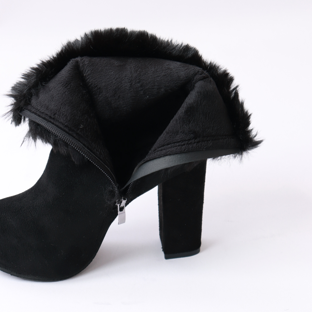 ブルベ夏/ブルベ冬靴　ファー付き太ヒールショートブーツ シューズ 秋冬