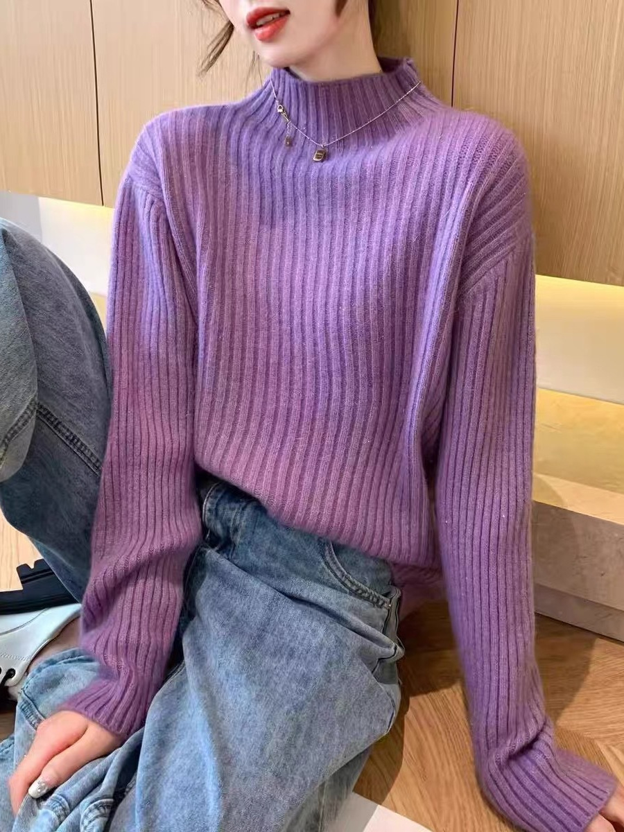 ブルベ夏/ブルベ冬服　上品リブ編みハイネックニットプルオーバー