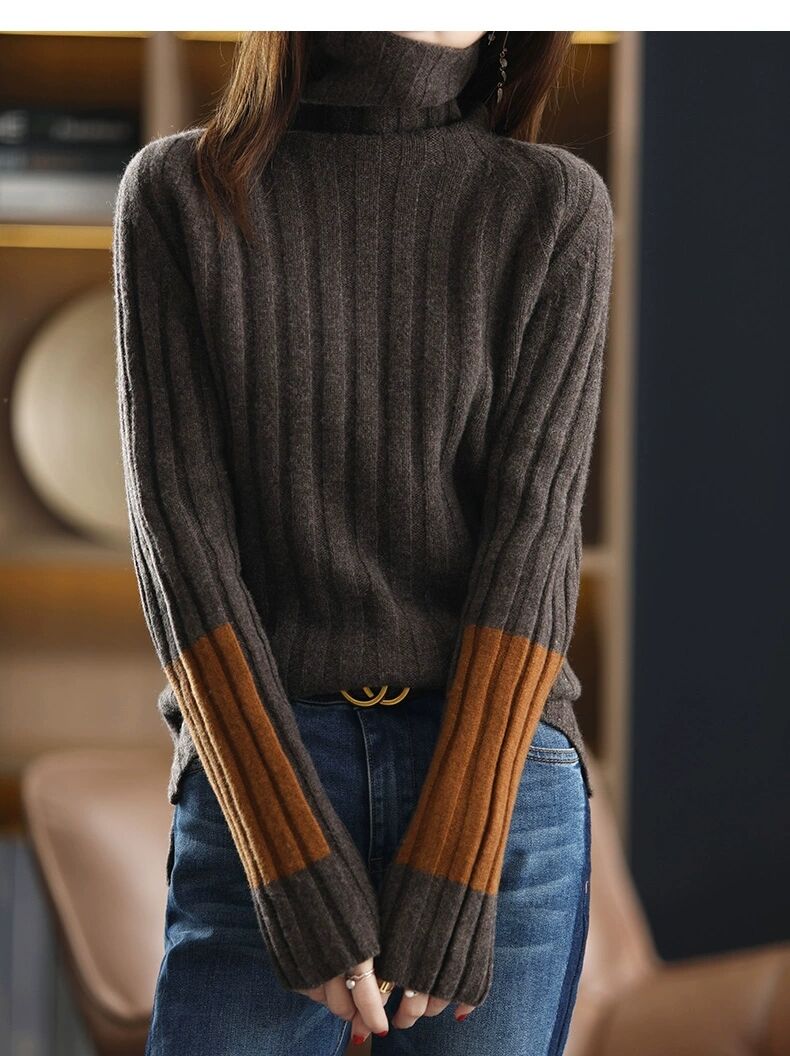 ブルベファッション 配色切替えリブ編みタートルネックニット