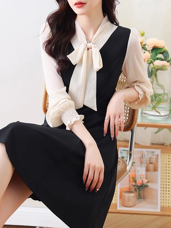 ブルベファッション 襟元リボン付きバイカラー長袖切替ワンピース