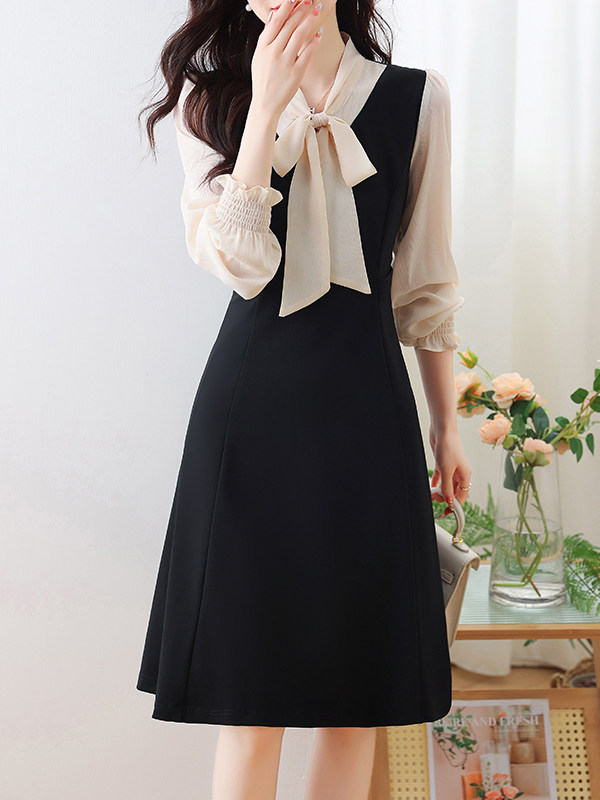 ブルベファッション 襟元リボン付きバイカラー長袖切替ワンピース