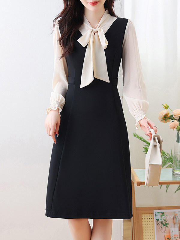 ブルベファッション 襟元リボン付きバイカラー長袖切替ワンピース