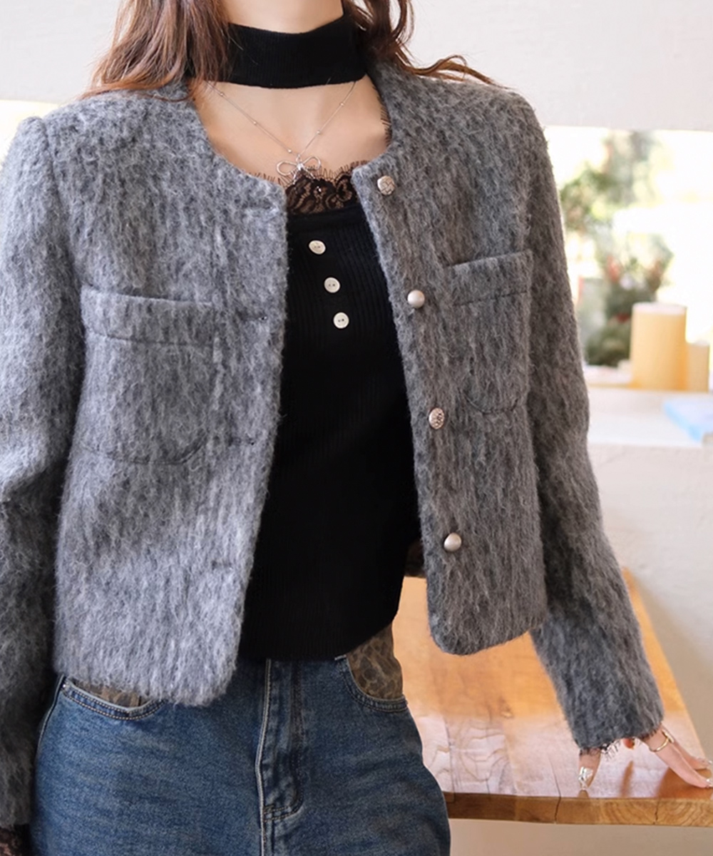 ブルベ服　レース切替チョーカー風ニットリブトップス（ブルベ夏向け・ブルベ冬向け）