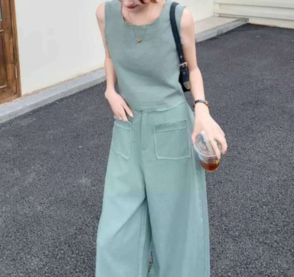 ブルベ夏服 ノースリーブデニム セットアップ パンツセットアップ